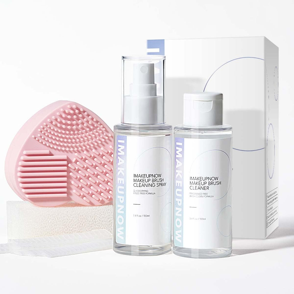 Makeup Brush Cleaner, Quick Dry Cleaner Spray and Rinse Solution Dual Purpose with Make up Brush Cleaner Mat Color Removal Sponges Brush Protection Nets for Makeup Brush, 5Pcs Set